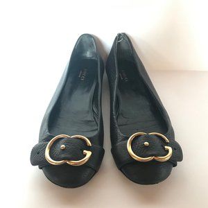 Gucci Black Leather Gold Buckle Flats